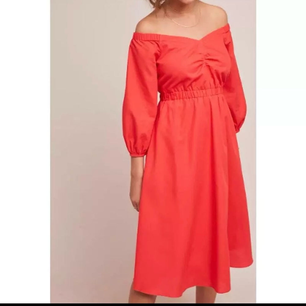 Anthropologie Red 3/4 Sleeve Elastic Waist Klara Off-The-Shoulder Midi Dress 8